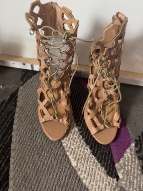 Women's Tan Cutout Lace-Up Gladiator Heels